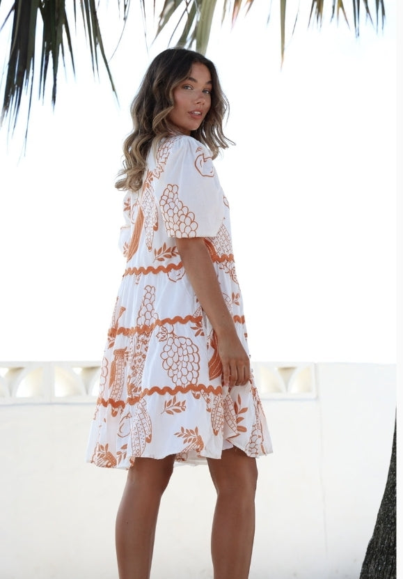 Mardi Tiered Ric Rac Dress White/Rust